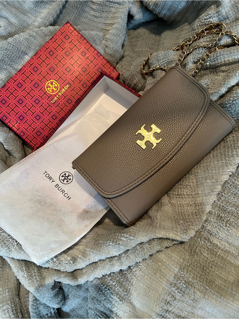 Tory Burch Taupe Pebbled Leather Fleming Crossbody with Gold Logo